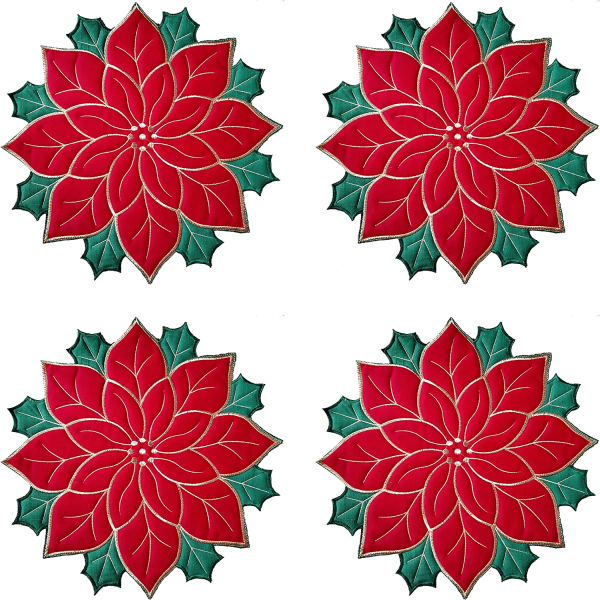 Dækkeservietter Sæt med 4, Applique julestjerne rød med grønne broderier