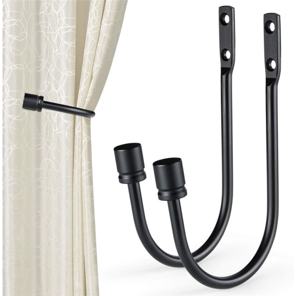 2Pcs Black Curtain Holdbacks, Metal U Shaped Hook Wall Mounted T