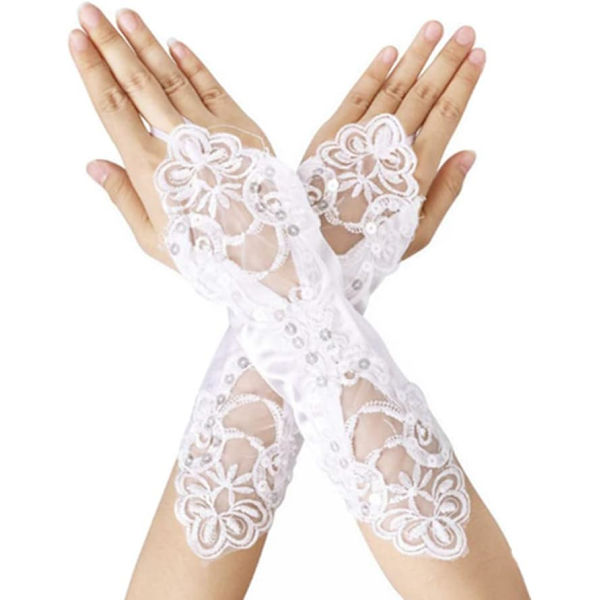 (Vit) 1 par fingerlösa bröllopshandskar i satin, spets och paljetter