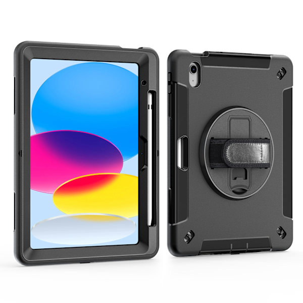 Svart, Etui for iPad Pro 12.9 2022/2021: Tre-lags støtsikker beskyttende deksel/etui for iPad Pro 12.9 tommer 6./5. generasjon - Penneholder - Roterende stativ - Håndstropp/Skulderstropp