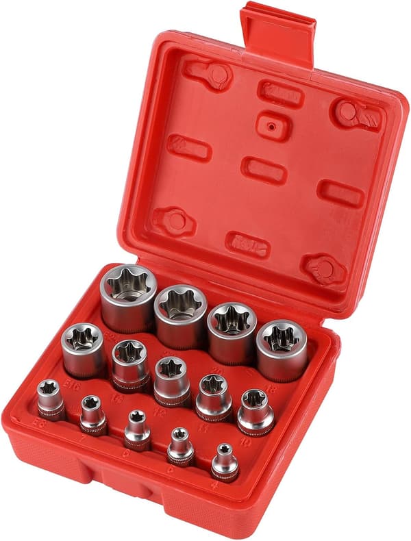 Hunstikdåse til hun-torx 1/4\" 3/8\" 1/2\", Torx E-profil dorn E4, E5, E6, E7, E8, E10, E11, E12,