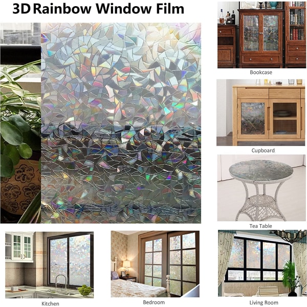Privacy Window Film, 3D Rainbow Pattern, Ei liimoja tyhjiömainoksia