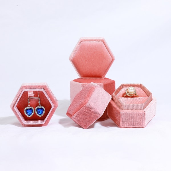 Fløjlsringæske Dobbelt Slot Hexagonal Ringæske, Sort Pink 2 Pie