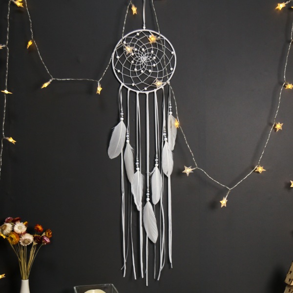 Round-White Dreamcatcher Handmade Moon Design with Feathers Drea