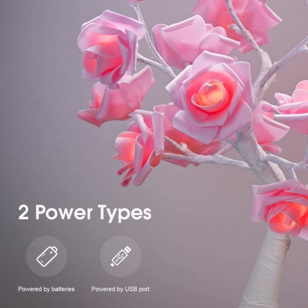 24 LED Pink Rose -pöytälamppu, akku tai USB virtalähde, ajastimen säätö