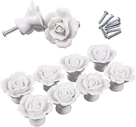 8 stk. Elegante Hvide Rose Træk Knapper Keramik Skabsknapper