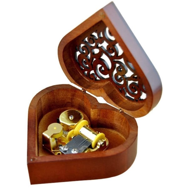 Music Box, Heart Shape Wood Carved Mechanism Wind Up Musical Box