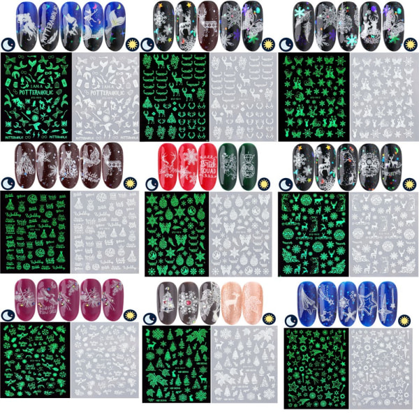9 ark Nail Art Stickers Decals Snowflake Rensdyr mønster DIY