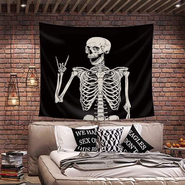 Kranietæppe Vægophæng 51Hx59W Tommer Sjovt Sort og Hvidt Skelet Tema Hjemmeindretning til Mænd Kvinder Gotisk Hippie Halloween Boheme Terror Rock and Roll Soveværelse Stue Sovesal