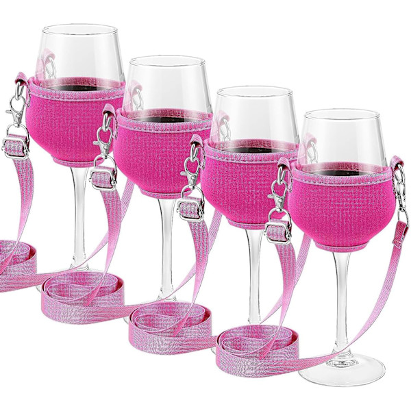 4 stk. Hals Vin Glas Holder - Roserød med Halsbånd til Jul