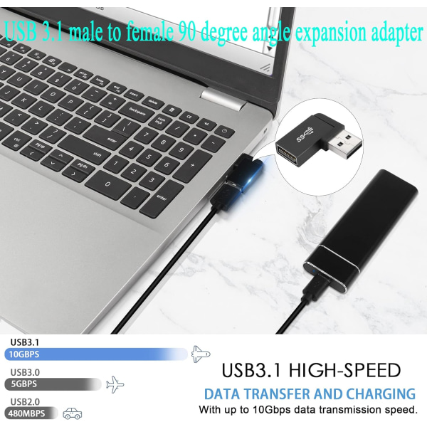 90° vinklad USB 3.1-adapter 10 Gbps USB 3.1 hane till hona, höger vinkel USB A 3.1-kontaktkonverter, stödjer dataöverföring, OTG, 3A-laddning, 2 st (höger vinkel sidoknä)