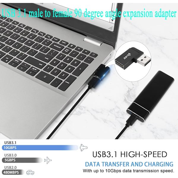 90° vinklet USB 3.1-adapter 10 Gbps USB 3.1 han til hun, højre vinklet USB A 3.1-stikkonverter, understøtter dataoverførsel, OTG, 3A-opladning, 2 stk. (højre vinklet sidealbue)