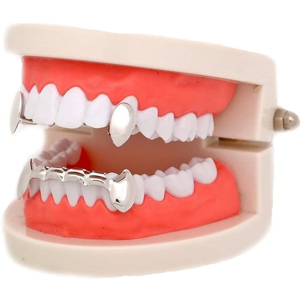 14k Guld Vampyr Dracula Tænder Grillz 2pc Enkelt Fang og 6 Bund