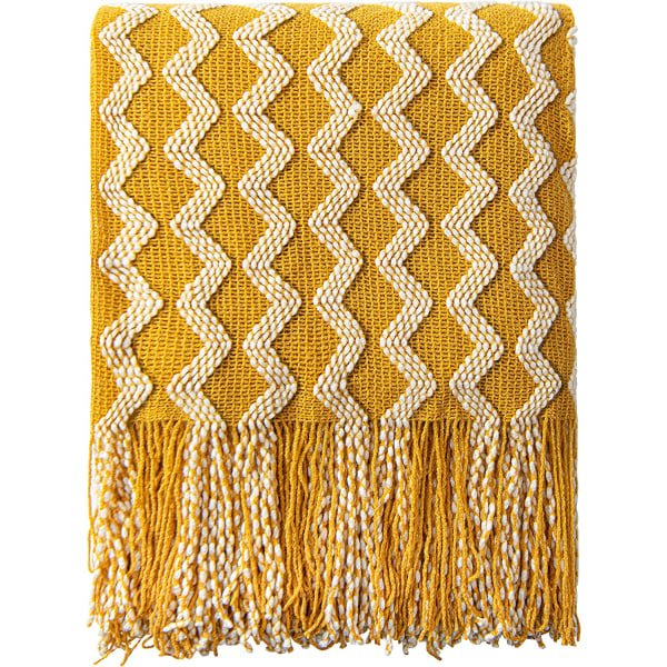 Acrylic Knitted Throw Blanket, 47*78 Inches, Mustard Yellowy Wav