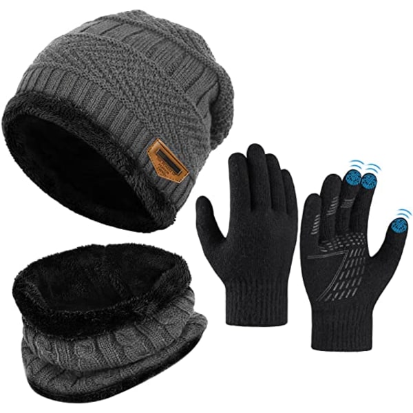 Barn Vintermössa Scarf Handskar Set - grå Warm Thermal Knitted Bean