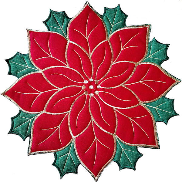 Paikka-alustat 4 kpl, Applique Poinsettia Punainen Vihreällä Kirjonnalla