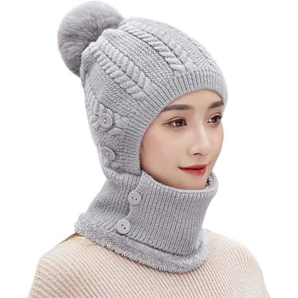 Talvinen huppu fleece-hattu - Harmaa kaula lämmitin neulottu hattu paksu hattu irrotettavalla kasvosuojalla tuulenpitävä fleece-hattu isolla pompomilla Unisex urheilullinen kaula lämmitin