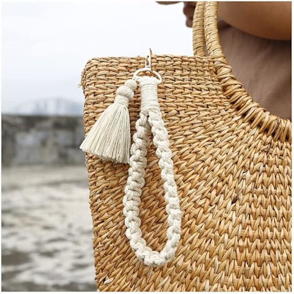 Avainnauha, naisten rannekoruavainnauha, boho-avainnauha tupsulla, beige rannehihna avaimille, käsilaukulle, autonavaimille