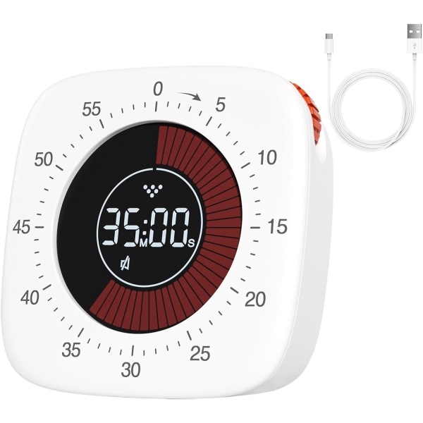 Återuppladdningsbar visuell timer (vit), digital timer med 4 larmlägen
