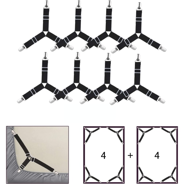 8 stk. sengebetræk clips, justerbar elastisk trekant støtte st