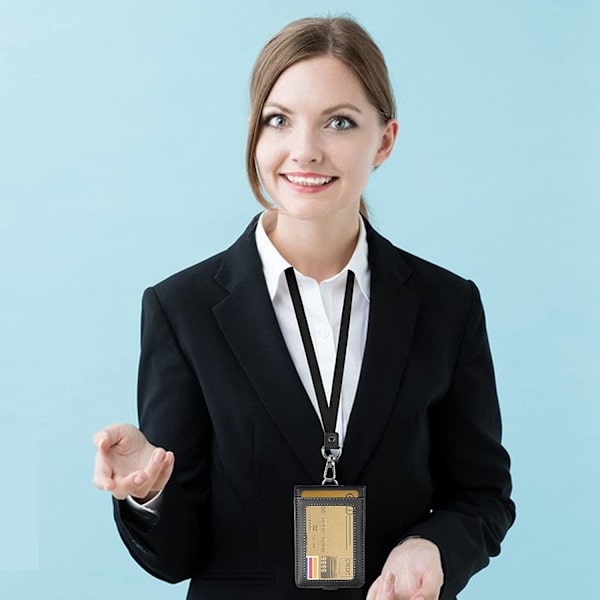 Sort - ID-kortholder med snor Lodret læder ID-badge Ho A