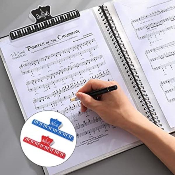 4 musiikkiklipsiä, nuottiteline, pianon painoklipsi, lukemiseen ja