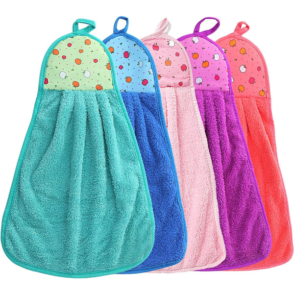 Sett med 5 myke håndklær for kjøkken eller bad, Coral Fleece T