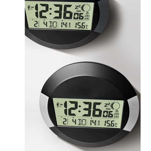 Väggklocka (Tyst Pendel, Trådlös, Batteridriven, 24h Format, Kalender, Dag, Termometer, Vägg- eller Bordsmontering