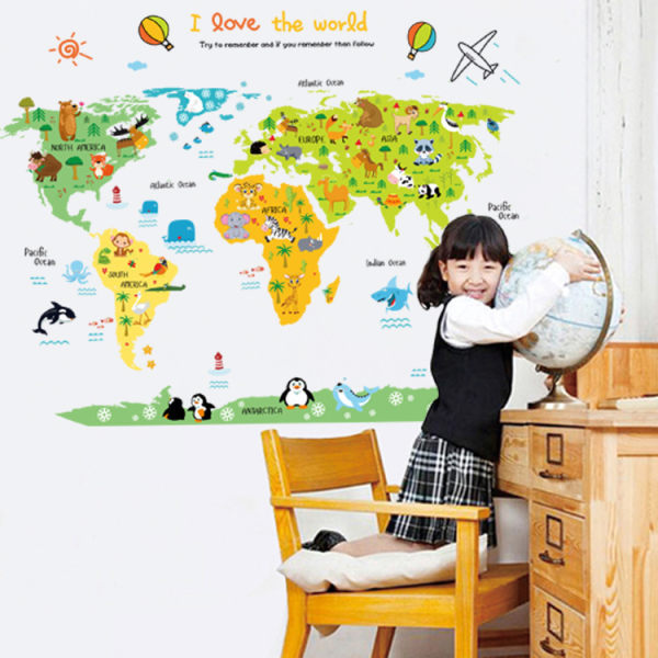 Animal World Map Børnevægmærkat (60 * 90 cm), Jungle Wildl