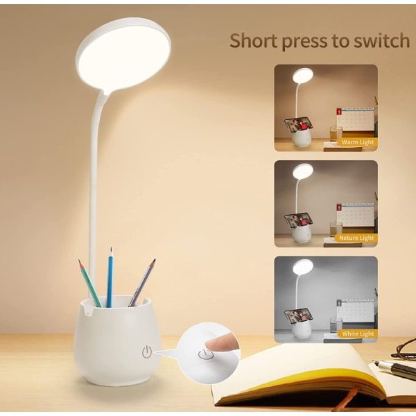 Skrivebordslampe for sovesal for hjemmekontor, liten oppladbar LED-bordslampe