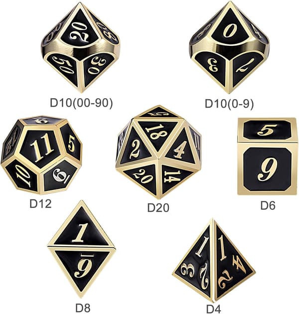 D&D Metal Terninger Sæt, 7-delt Metal Polyhedral Terninger Sæt (Sort og Guld)