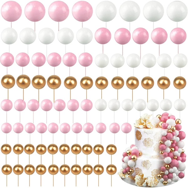 (Valkoinen + Kulta + Vaaleanpunainen) Pallon päällinen, 108 minikakkukoristetta, kakun koristelupallot, DIY-kakkukoriste jälkiruokakakun koristeluun, hääkoristelu