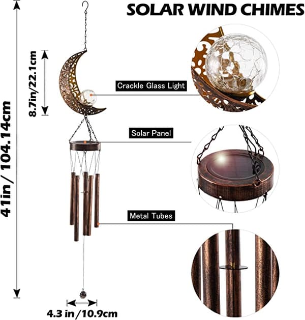 Carved Moon Wind Chime,Solar Moving LED,Moon Hanging Lights Wate