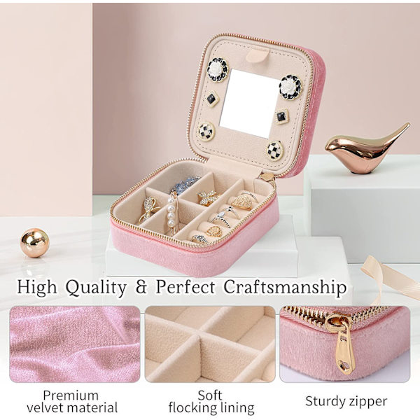 Mini sammets smyckeskrin för resor (rosa) med spegel för örhängen,