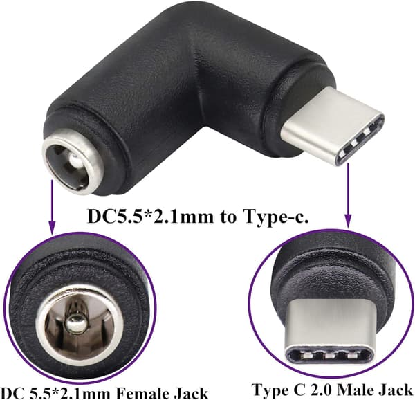 (2-pakke/Type C) 90 Grader Type C USB Hann til DC 5.5x2.1mm Hunn DC Fatning Jack Strømadapter Type C