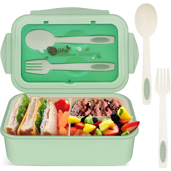 Grön - Lunchlåda med gaffel och 3 fack 1400ml kassaskåp och l
