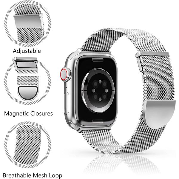 Silver Straps Kompatibel med Apple Watch Rem 42/44/45mm för Kvinnor och Män, Dubbel Magnetisk Justerbar Rem för iWatch Serie 8 7 SE 6 5 4 3 2 1, Slät Metall Milanese