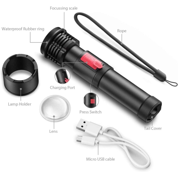 3000 Lumen Genopladelig LED Lommelygte, Zoombar Lommelygte, Wat