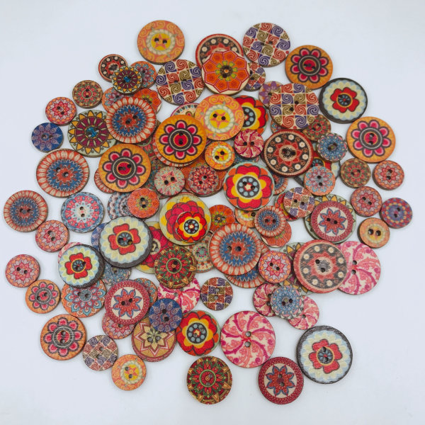 100 antiikkia pyöreää puunappia 20mm väripainatus kaksisilmäinen w