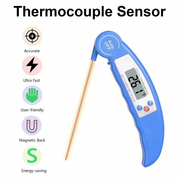 Kjøkkentermometer (Blå), Digitalt Kjøkkentermometer Digitalt Kjøkkentermometer med Probe, Øyeblikkelig Lesning Ovns Termometer, LCD Skjerm, for BBQ, Cappuccino og Melk