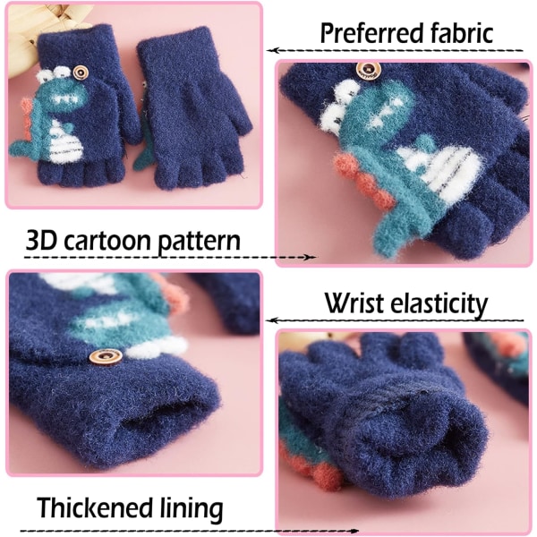 2 par strikkede handsker til børn, vinterhandsker til børn, mørkeblå og