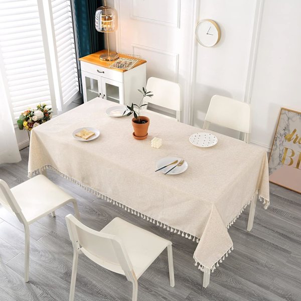 Rektangulær duk i beige, flekkbestandig, vaskbar bomullslinduk med dusker, duker til fødsel 140 x 100 cm