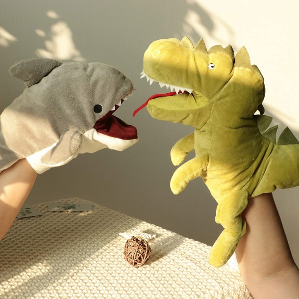 Plys dinosaur hånddukke T-Rex med åben bevægelig mund til