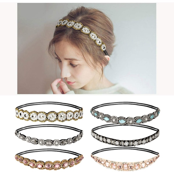 6 stk Rhinestone Elastiske Hodebånd Bohemia Elastiske Hodebånd w