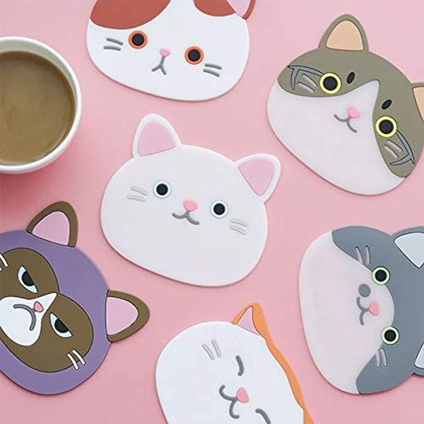 6 stykker Cute Cat Silikone Coaster, Silikone Rubber Cup Coas