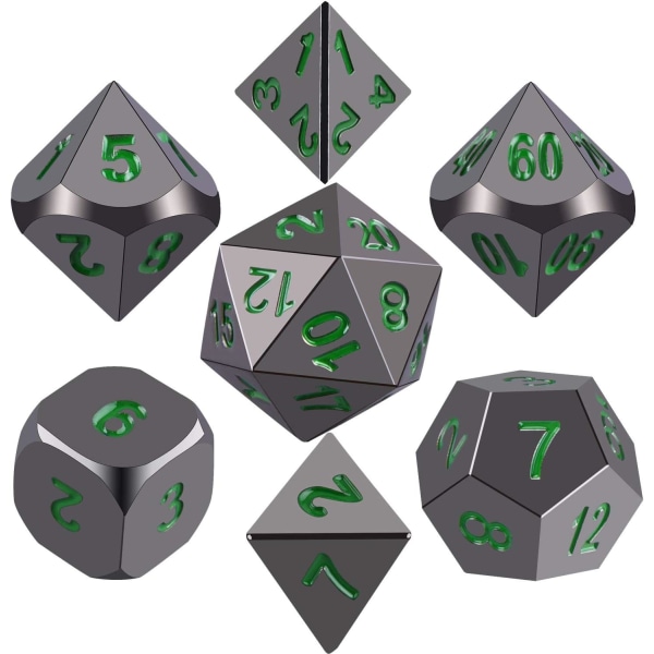 Metall Polyhedral 7-Die Dice Set, Glansende Svartmalt og Mørkegrønn Tall Sink Alloy Dice med Metall, Rollespill Dice Set for Dungeons and Dragons RPG Dice Gaming