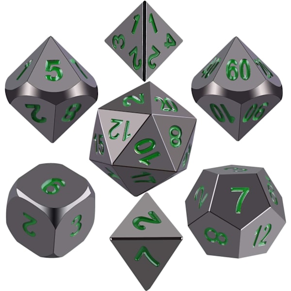 Metallipolyhedraalinen 7-noppasarja, kiiltävä musta maalattu ja tummanvihreät numerot Sinkkiseosnopat metallilla, roolipelien noppasetti Dungeons and Dragons RPG-noppapeleihin