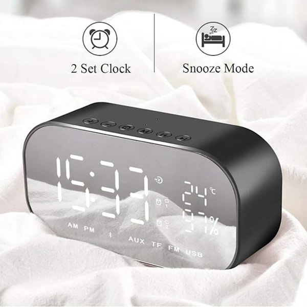 Svart Digital Spegelväckarklocka med Bluetooth-högtalare, Ljusstark