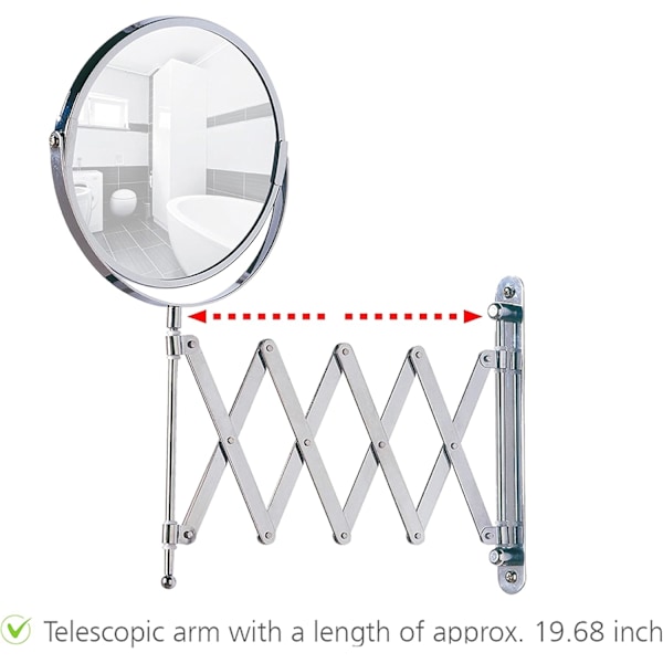 Väggmonterad kosmetisk spegel med teleskoparm - justerbar, spegelyta ø 16 cm 300% förstoring, Stål