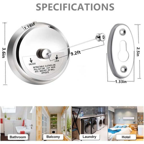 1 Retractable Clothesline, 304 Rustfritt Stål Dusjklesnor